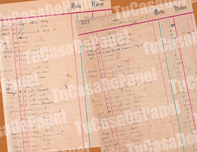 May include: A vintage ledger page with handwritten entries in black ink. The page is divided into columns with headings for "Debe" and "Haber". The entries include dates, amounts, and descriptions of transactions. The page is yellowed with age and has a few stains.