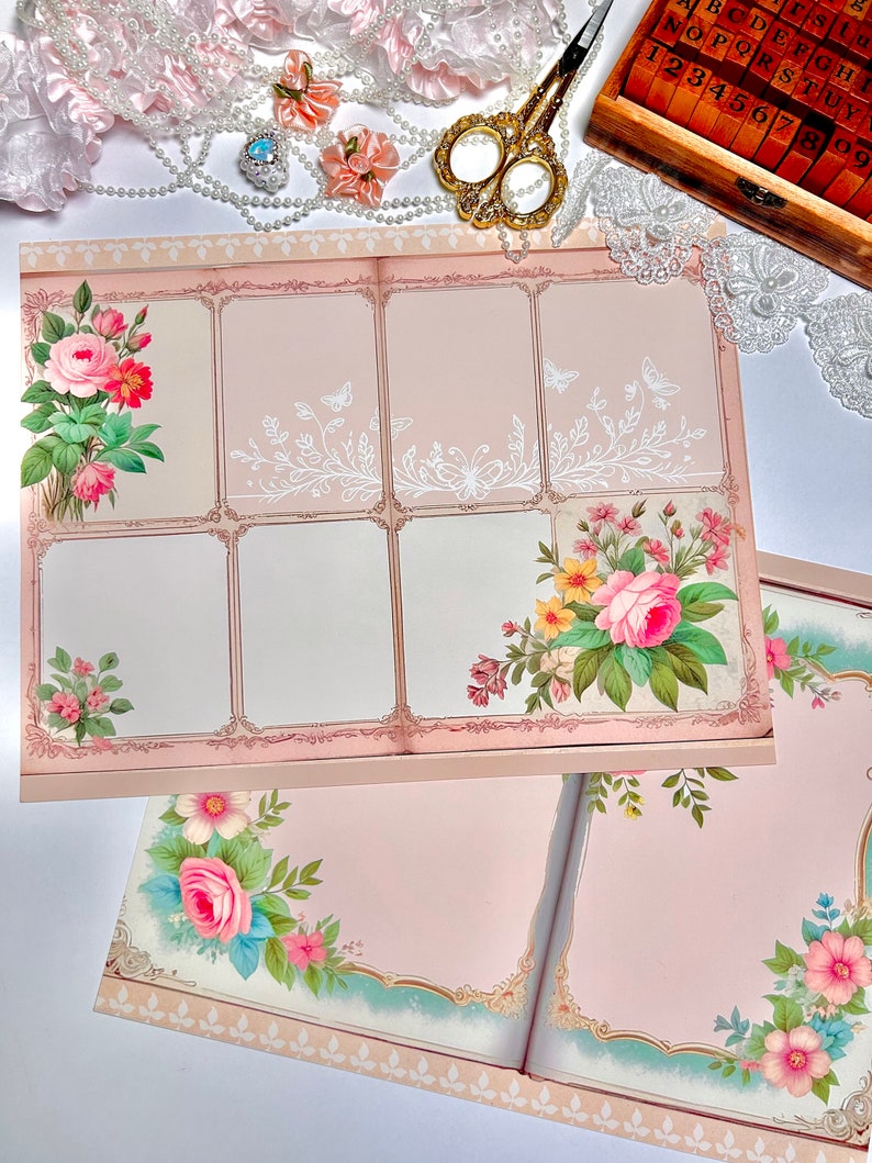 K&ouml;nnte beinhalten: Ein rosa-wei&szlig;es Scrapbook mit floralen Designs und leeren Seiten zum Journaling. Das Scrapbook ist ge&ouml;ffnet und zeigt eine leere Seite mit einem floralen Rand.