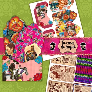 May include: A collage of colorful paper crafts with a pink and white floral pattern. The title "Tu casa de papel" is written in a decorative font with the year "Est. 2020" below it. The collage includes images of women in traditional Mexican clothing, flowers, and vintage advertisements.