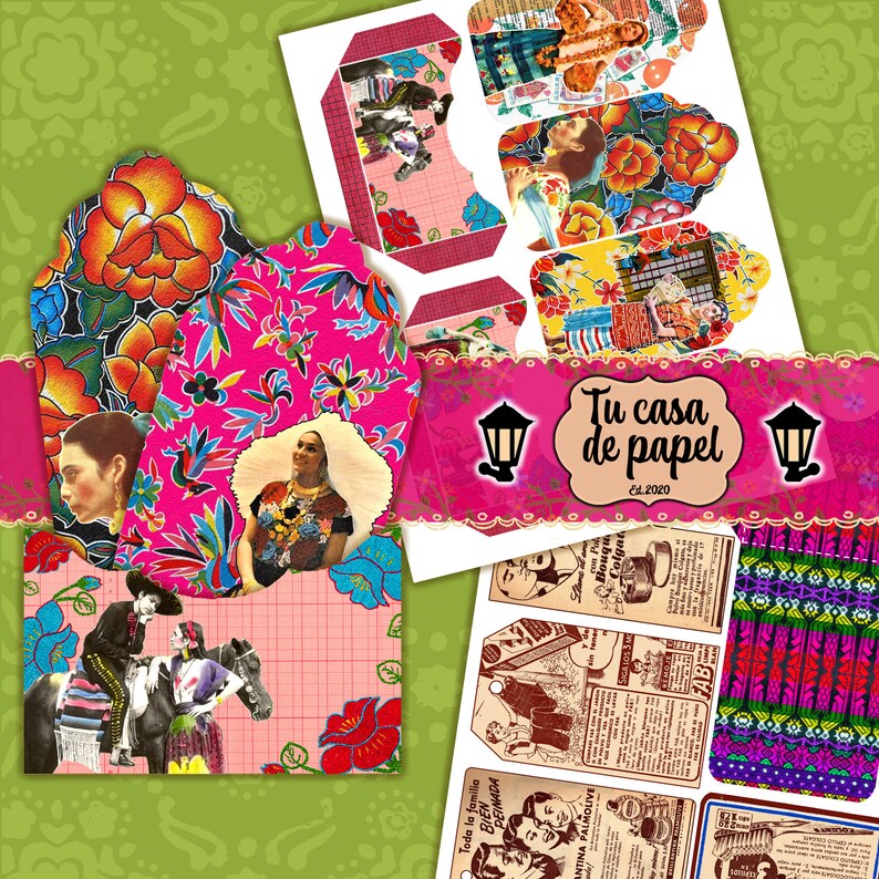 May include: A collage of colorful paper crafts with a pink and white floral pattern. The title "Tu casa de papel" is written in a decorative font with the year "Est. 2020" below it. The collage includes images of women in traditional Mexican clothing, flowers, and vintage advertisements.