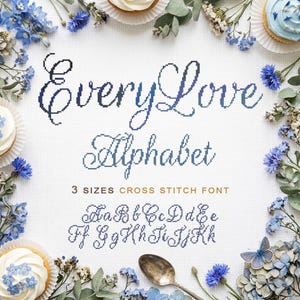 Elegant Calligraphy Alphabet Cross Stitch Pattern: 3 sizes (mini, normal, large) full Hand Drawn Wedding Font, Cursive Letters Sampler