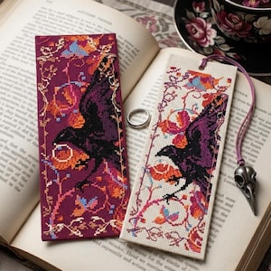 Raven Crow Bookmark Cross Stitch Pattern: floral Berries, Acorns embroidery chart; book lovers gift (PDF)