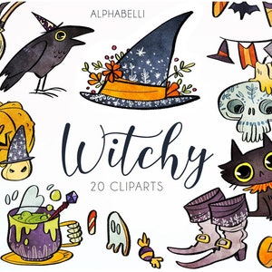 20 Witch clipart set • Halloween graphics & digital stickers • Watercolor witches hat • Cute Raven clipart