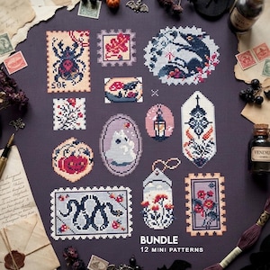 May include: A collection of 12 cross-stitch patterns on dark fabric featuring various motifs including a beetle, a ghost, a pumpkin, flowers, a lantern, and a snake. The text BUNDLE 12 MINI PATTERNS is printed in white at the bottom right.