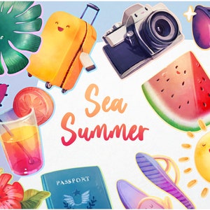 20 Watercolor summer clipart set • Cute watermelon clipart + beach creations and travel printable stickers
