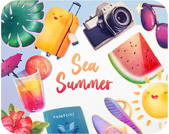 20 Watercolor summer clipart set • Cute watermelon clipart + beach creations and travel printable stickers