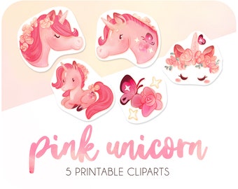 5 Digital Unicorn stickers • Pink unicorn clipart with roses • Fantasy pony clipart