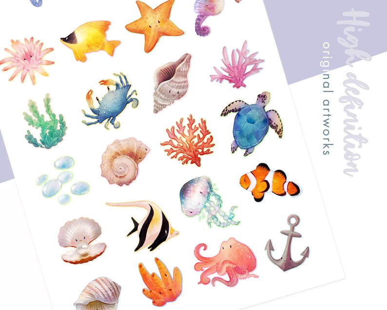 20 coral reef clipart set sea turtle sticker bubbles etsy