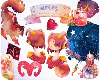 20 Aries Zodiac clipart set • Zodiac stickers • Aries astrology stickers