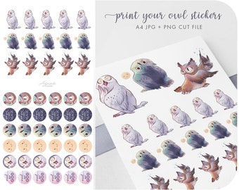Cute Owl clipart printable stickers • White snowy owl magic theme, bullet journal, illustrations bird lover design