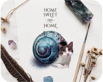 Home Sweet Home printable • Nursery cat art printable • Natural watercolor New Home clipart