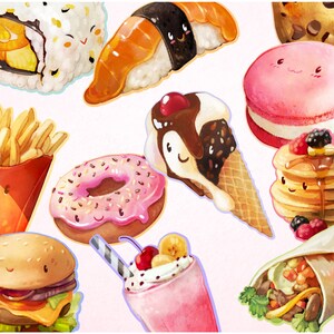 20 Delicious food clipart set • Baby donut clipart • Cute pizza sticker • Cartoon hot dog clipart