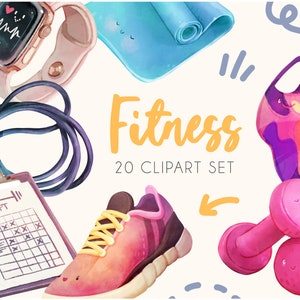 20 Fitness clipart stickers • Workout clipart and sport printables • Watercolor health clipart
