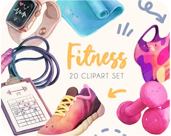 Watercolor Fitness Clipart Stickers • Workout Printables (Digital Download)