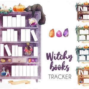 15 Witchy reading log printables •  Halloween book tracker for reading journal • Bookshelf with potions, black cat & pumpking
