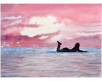 Surfer art print of Original Watercolor,  Glicee, Surf decor, Girl surfing in Tofino, Longboard sunset, girl decor, Pink art, Sunset