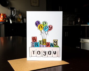 Birthday Card - Party Balloons and Presents Card - Creative Birthday Card - Balloons Birthday - Party Birthday