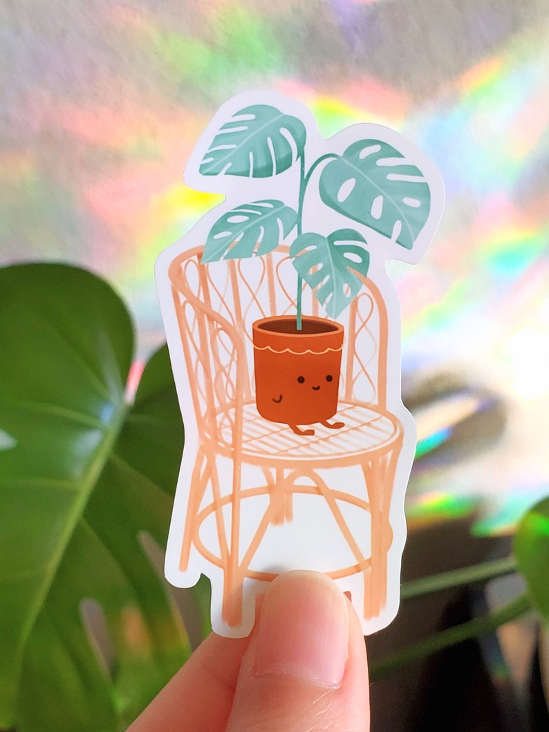 Plant Weatherproof Glossy Stickers Rabbit Bunny Waterproof Illustration Cute Monstera Rattan Chair Decal Water Resistant Die-Cut