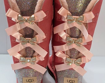 Custom Bling Rose Pink Color Women s Genuine Tall Sheepskin Boots Bailey Bow Crystal Rhinestones Boots Etsy