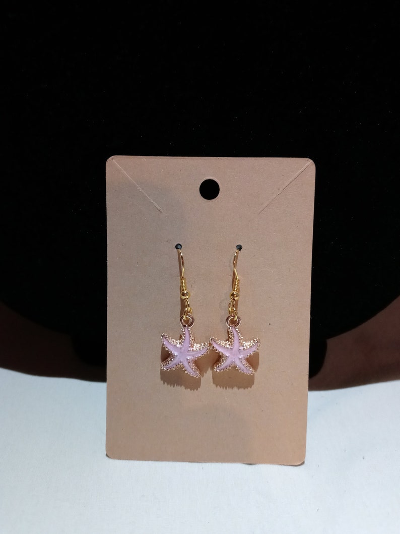 Gold Plated Star Fish Pendant Earrings with Gold Plated Hooks Pink