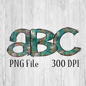 Turquoise Grunge Western Alphabet PNG, Letters, Doodle, Sublimation
