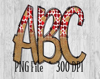 Gold Glitter Heart Alphabet PNG, Letters, Doodle, Sublimation, Valentine's Day