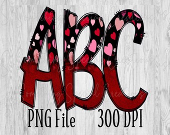 Red Heart Alphabet PNG, Letters, Doodle, Sublimation, Valentine's Day