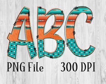 Teal and Orange Serape Alphabet PNG, Letters, Doodle, Sublimation
