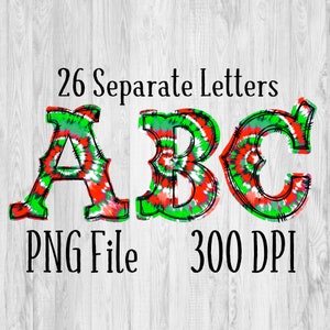 Christmas Tie Dye Alphabet PNG, Letters, Doodle, Sublimation