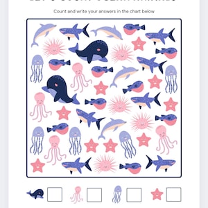 May include: A children's worksheet with the title "LET'S COUNT OCEAN ANIMALS". The image shows cartoon illustrations of marine life, including whales, sharks, dolphins, jellyfish, and starfish. The worksheet has a counting activity with blank boxes.