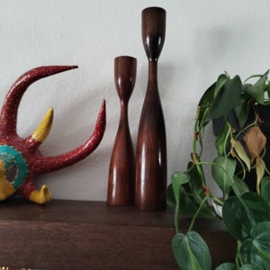 Mid-Century Danish Modern Turned Teak Wood Candlesticks Candle Holder