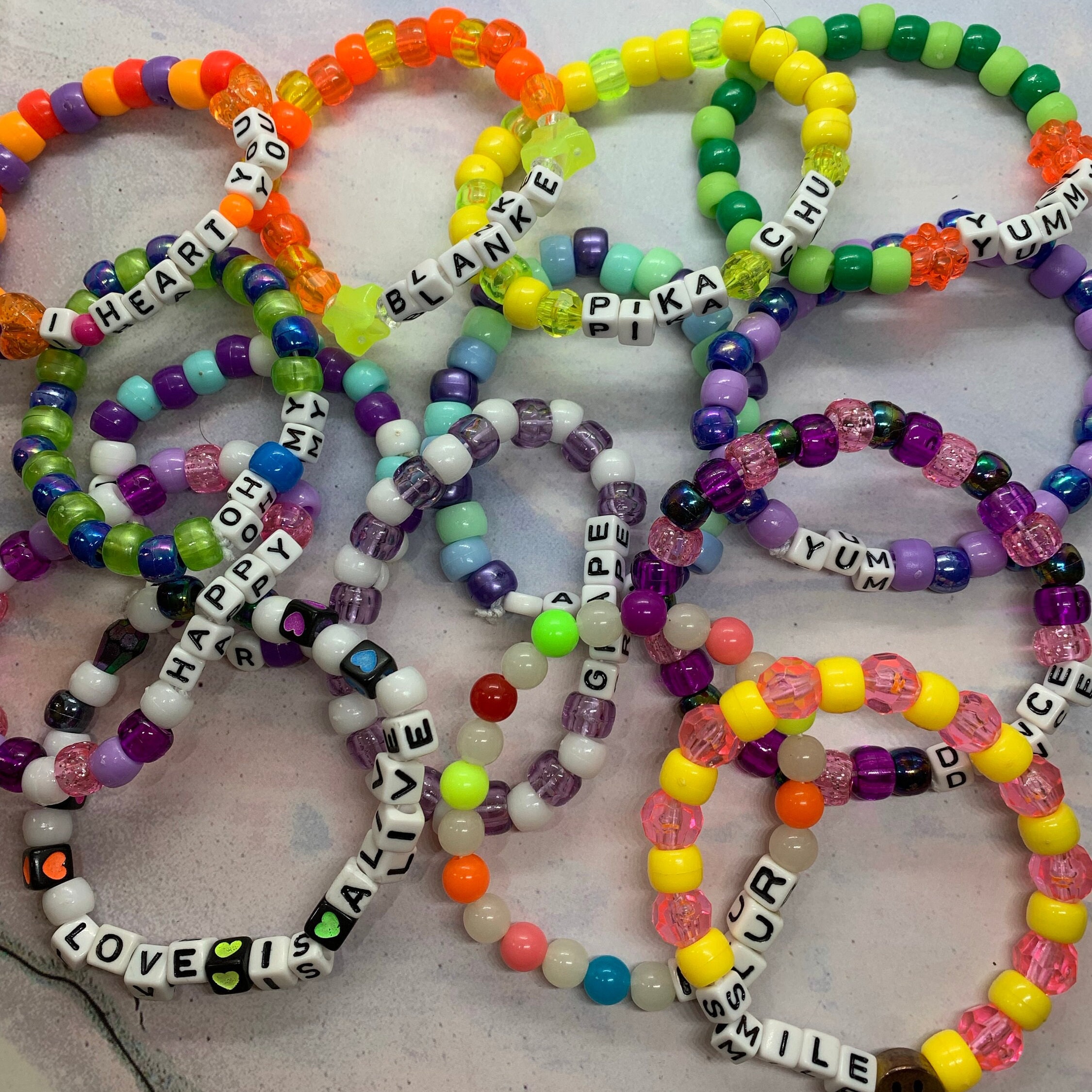 10 Random Kandi Bracelets, Words, Sparkle, Rainbow  Handmade cards  greeting cards birthday cards, jewelry and gifts