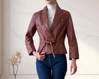 vintage 70s brick red leather jacket, size S #10184