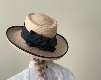 Vintage American Made Classic Black Straw & White Bow Hat, OS, $38 Vintage 1940s Percher Hat – Black and White Straw, Netting  main image 4