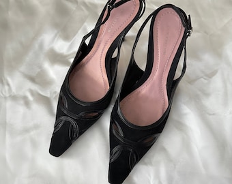 Vintage black suede sandals heels, size 6
