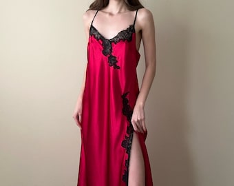 Vintage Oscar de la Renta satin red slip dress size L