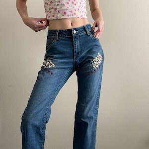 Y2k blue mid waist jeans, stones embellished, size 29