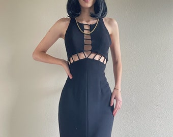 Rare 90s cage waist black maxi dress, front slit, size XS #10026