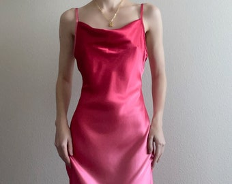 Vintage satin pink ombré slip dress, cowl neck, size Small