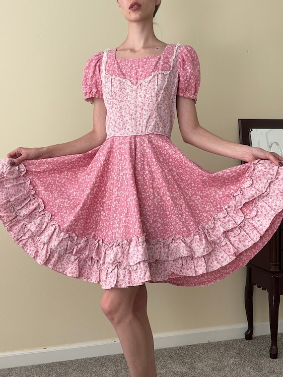 70s hand made milk maid pink prairie dress, size M