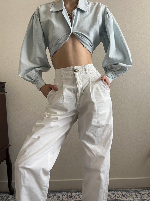 white cotton high waist pleated pants, size S-M #… - image 1
