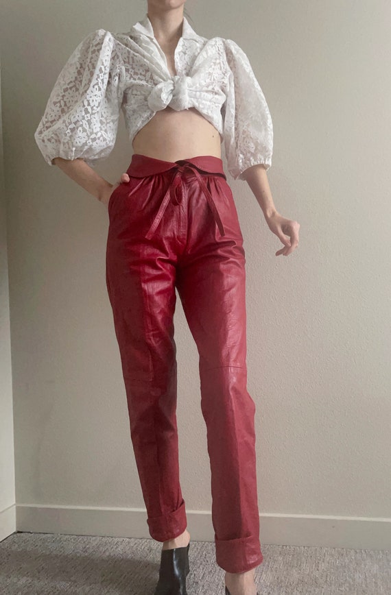 Vintage Red Leather Pants High Waist 