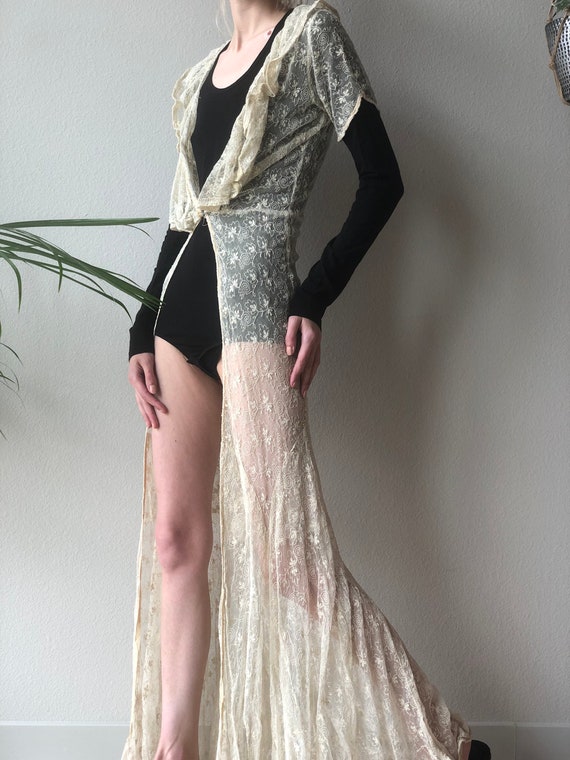 Antique 30s cream lace maxi duster, dress, xs s