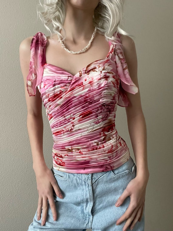 Vintage pleated silk floral bustier top, size S #… - image 3