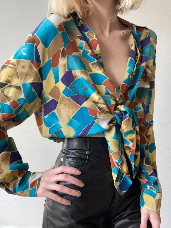 Vintage silk multicolored abstract print blouse, s