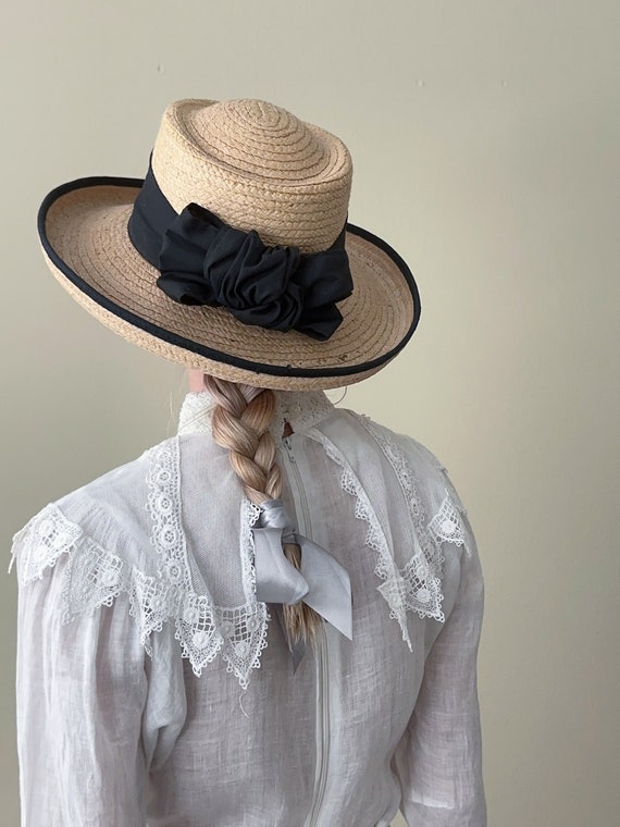 Chapeau de paille élégant vintage avec ruban noir cottage taille S M #10142 - Etsy France