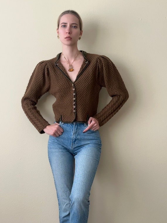 Vintage 80s Austrian chocolate wool cardigan, puf… - image 2