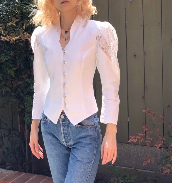 Vintage 80s puff sleeve white top/blouse small