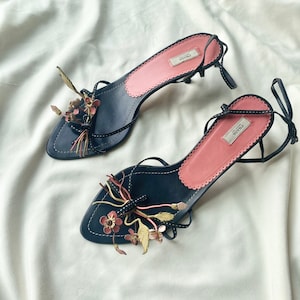 Rare Vintage Prada Floral Details Sandals, Kitten Heels
