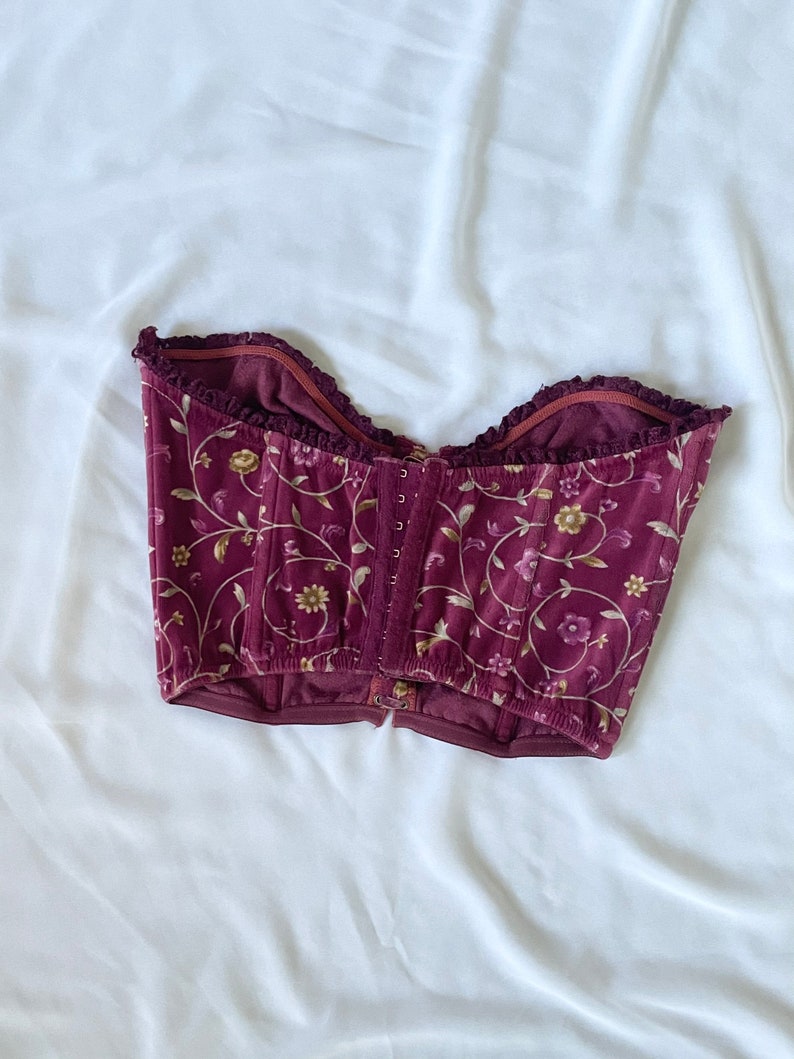 Vintage burgundy floral velvet bustier, corset lacing, cottage core style, size M-L, 36C image 5